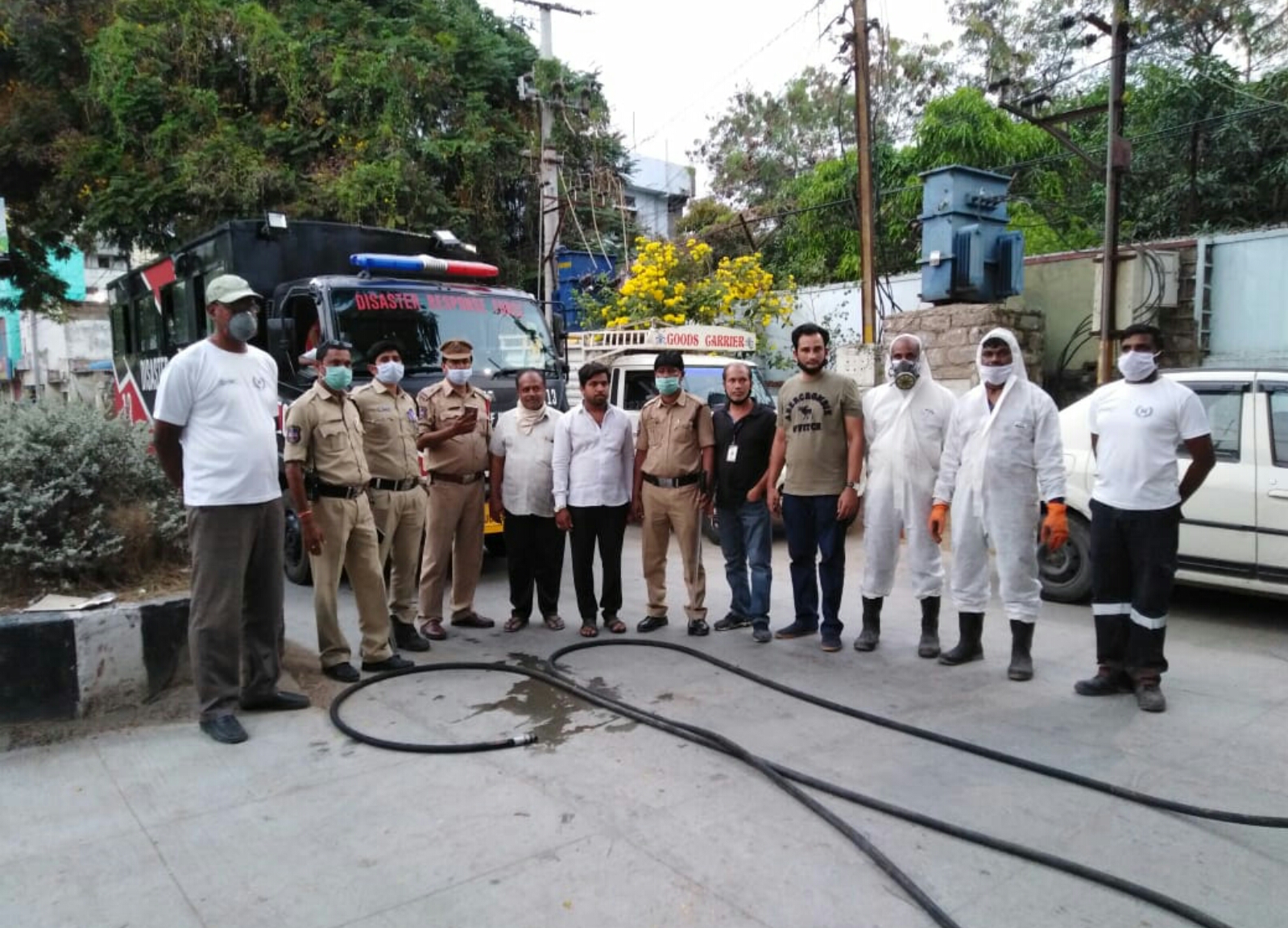TODAY AT WATER TANK SANTOSH NAGAR DIVISION SANITIZING THE AREA WITH DRF & INSPECTOR OF POLICE MADANNAPET SIR SANTOSH KUMAR WITH STAFF