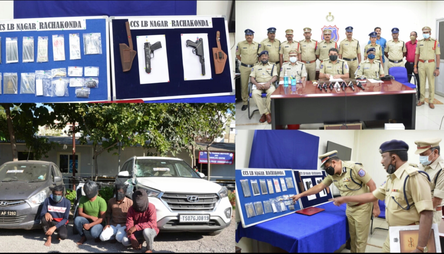CCS LB NAGAR TEAM APPREHENDED FOUR OFFENDERS, DETECTED ONE CASE AND RECOVERED NET CASH RS. 25,000/- (INDIAN CURRENCY), (48) NOTES OF FOREIGN CURRENCY, (01) CRETA CAR, (01) ONE HYUNDAI EON CAR, KTM BIKE, (02) TOY PISTOLS, (04) PASSPORTS, (01) HP LAPTOP, (02) AADHAR CARDS, (02) DRIVING LICENSES, (01) POLAR BEAR NAIL, (02) PAN CARDS AND (03) MOBILE PHONES, ALL WORTH RS. 25,05,000/-